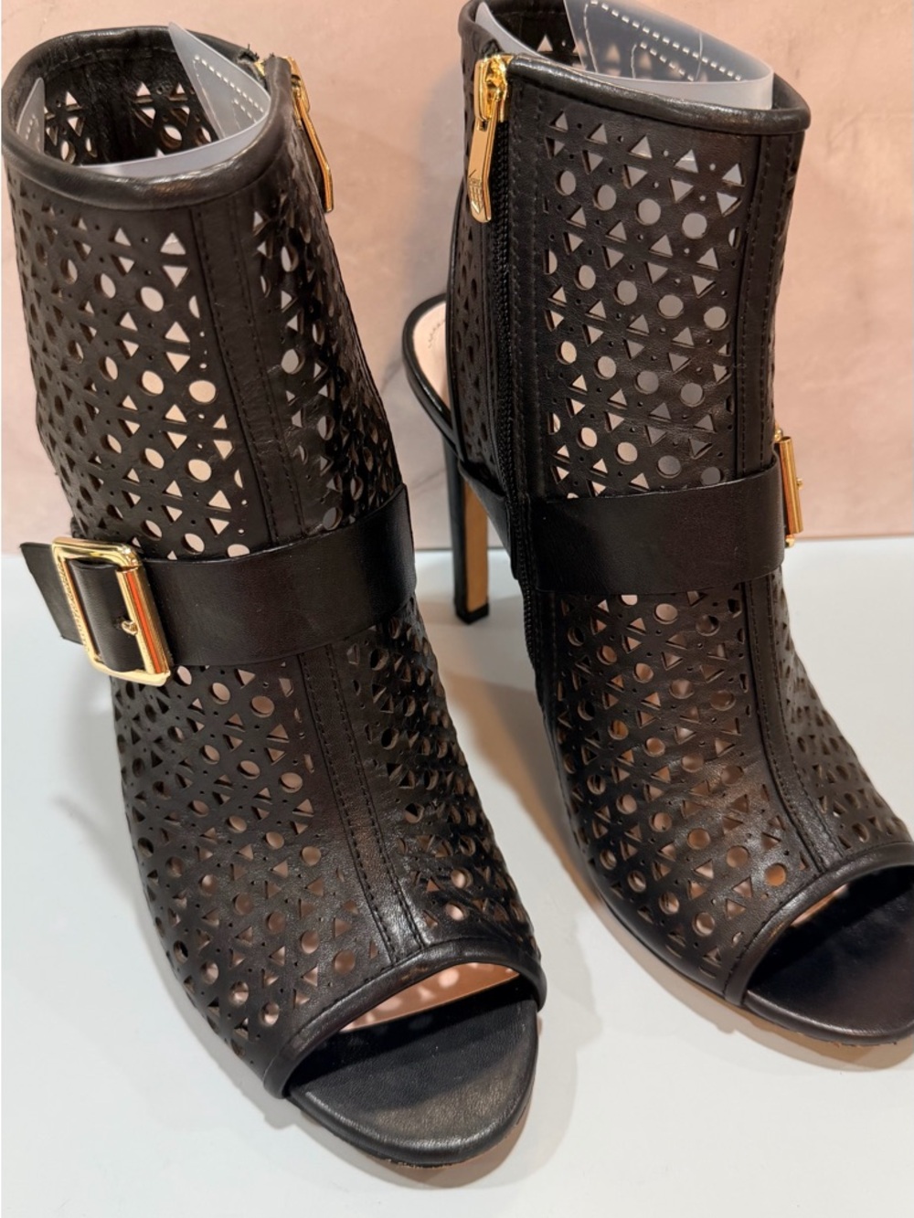 Vince Camuto Black Perforated Peep-Toe Ankle Booties with Gold Buckle